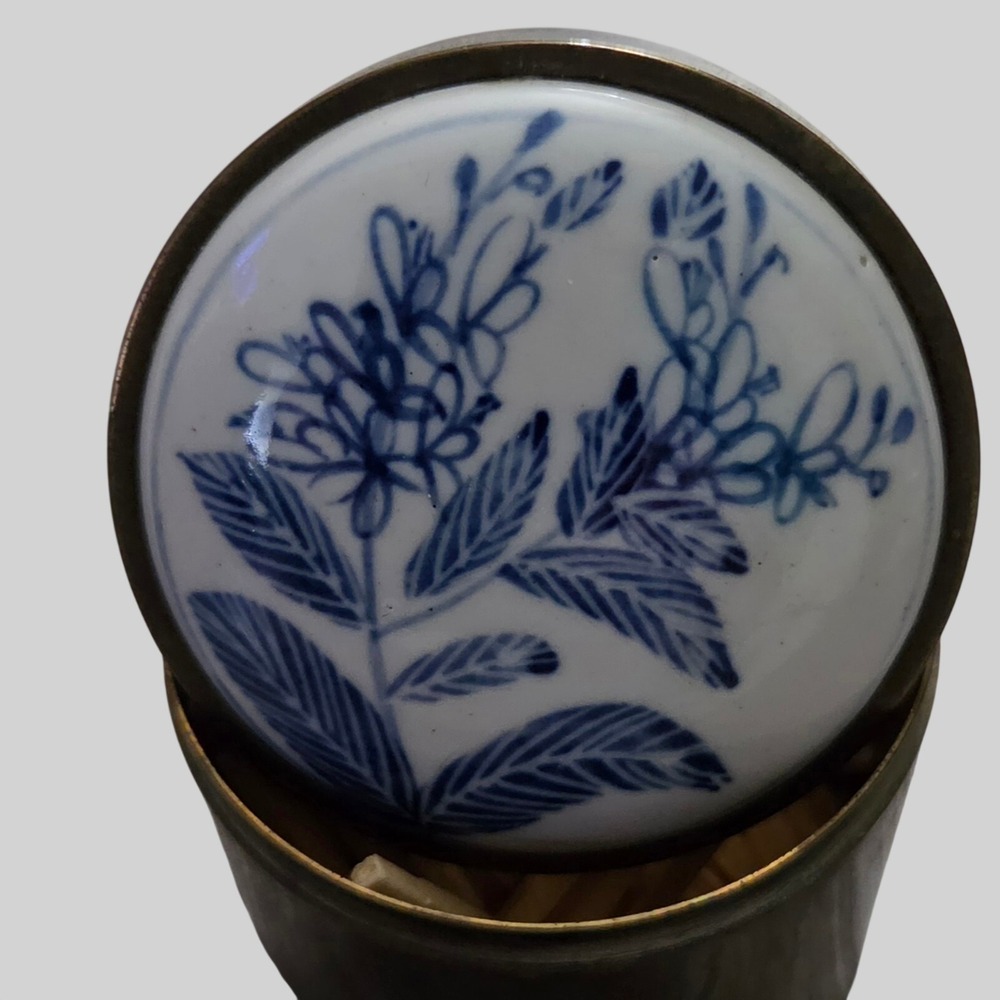 Vintage Thai Brass Blue White Ceramic Match Holder Trinket Box Chinoiserie 70s